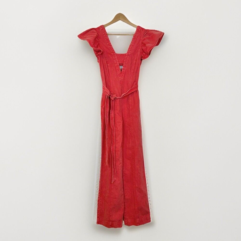 En Saison Tivoli Red Flutter Sleeve Non-Stretch Denim Jumpsuit Sz XS 4th Of July